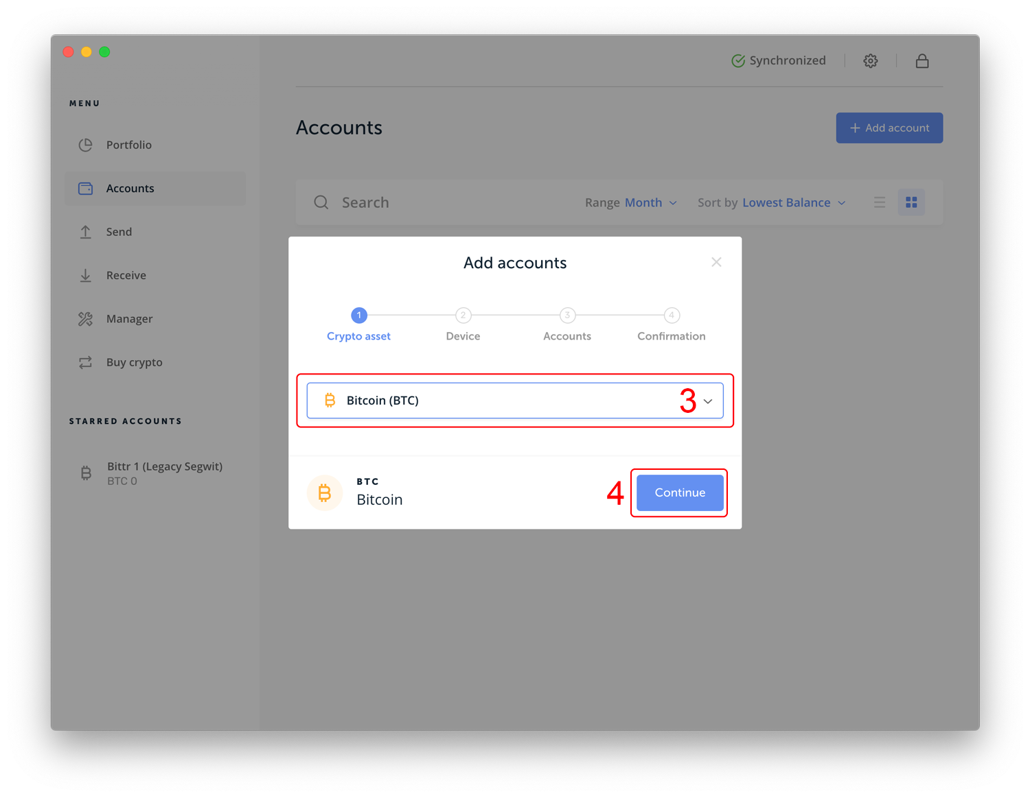 Selecting Bitcoin and continuing