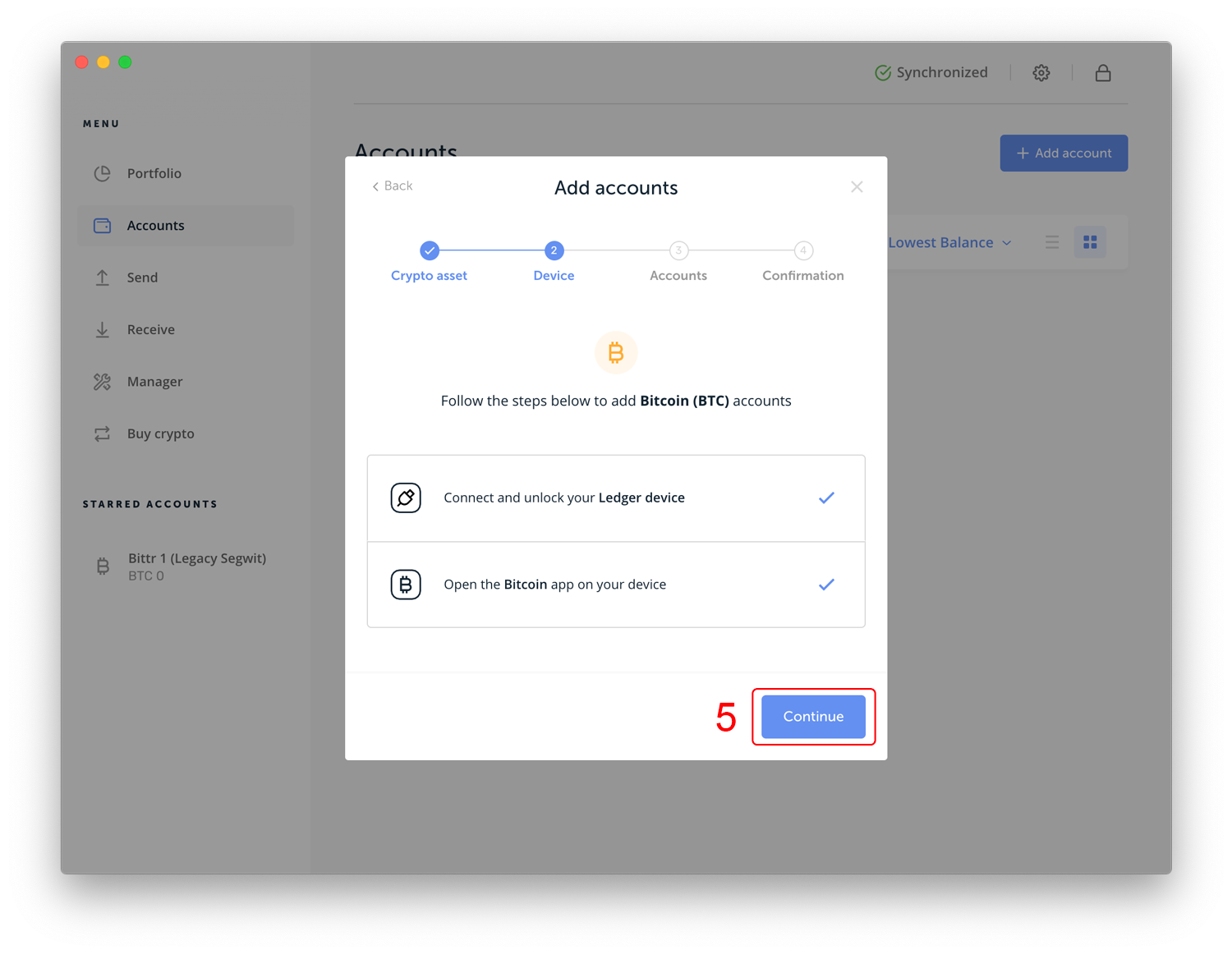 Connecting Ledger device and clicking continue