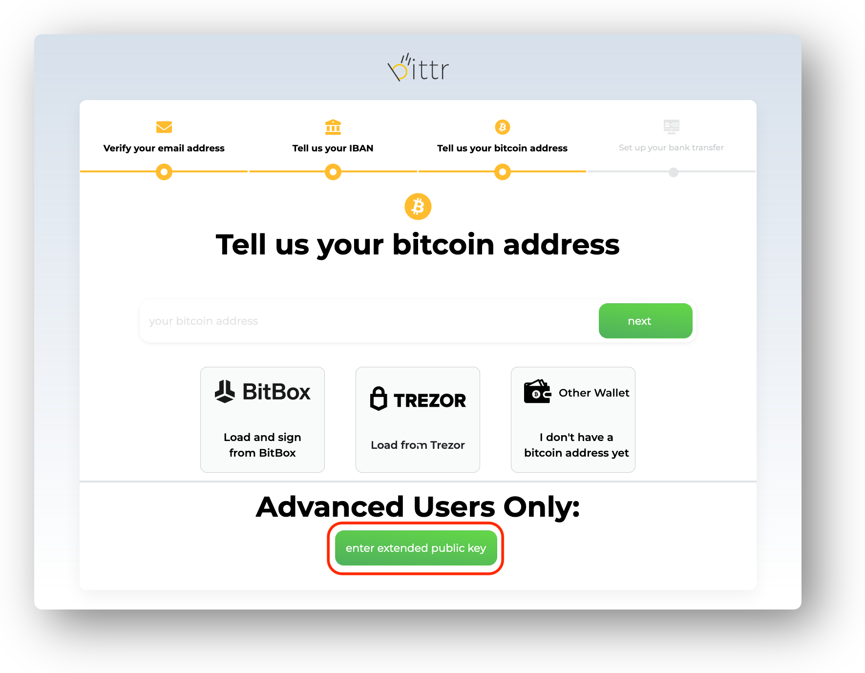Entering extended public key on bittr